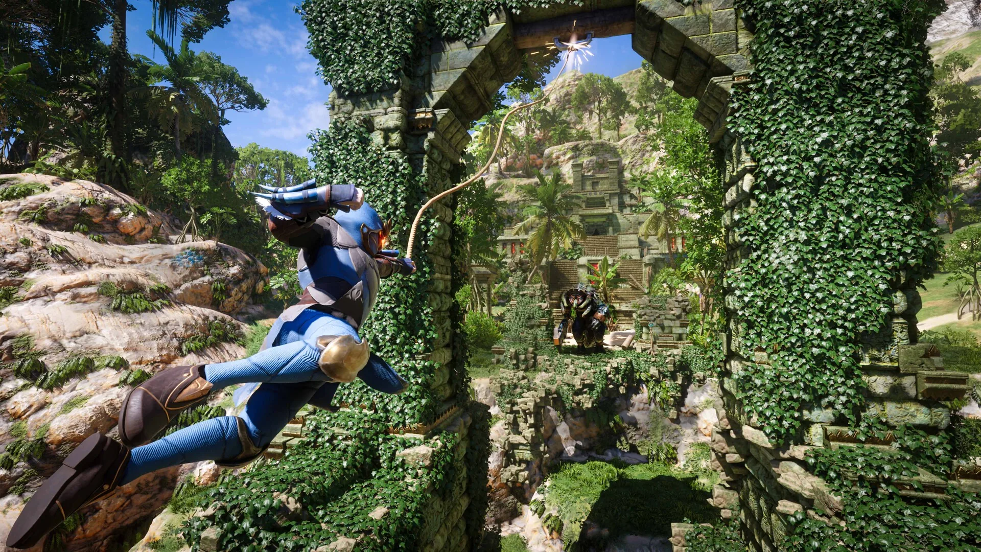 A character swings on a grappling hook through an ivy-covered stone arch